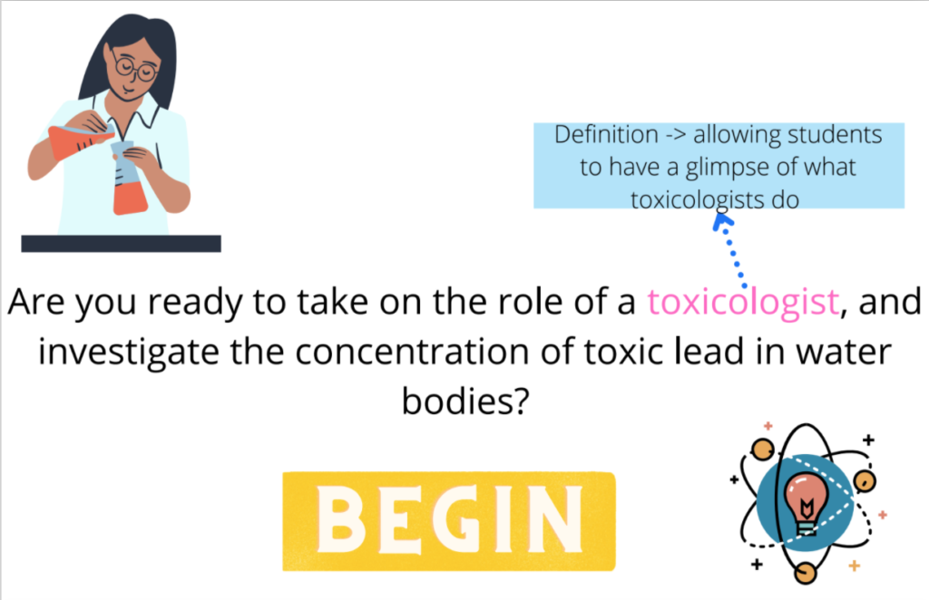 Screenshot of a Concentration project, inviting students to learn how to be a toxicologist.